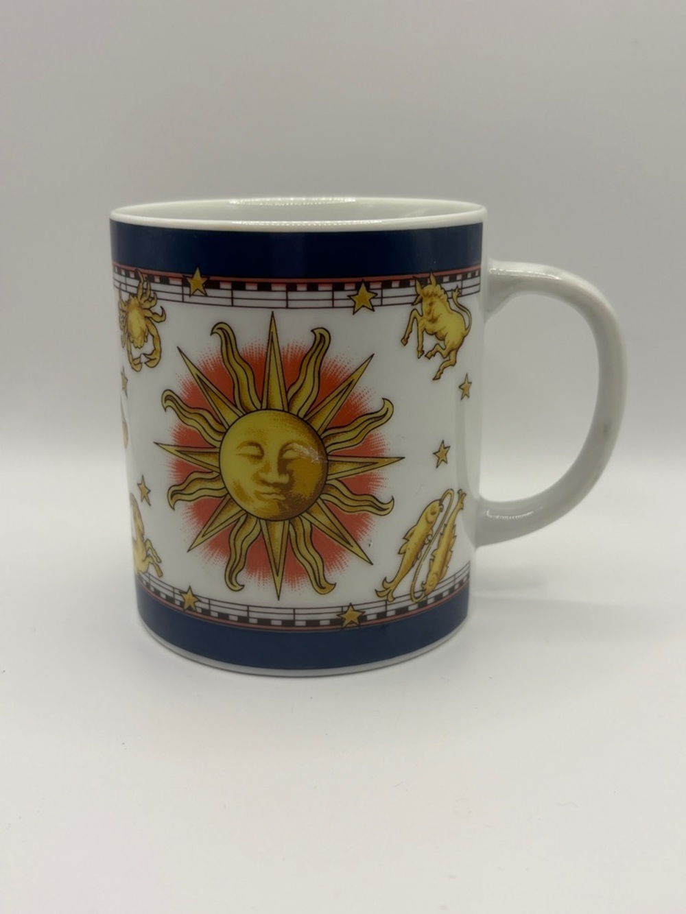 Horchow Celestial Sun and Zodiac Porcelain Mug White, Gold Navy Vintage 1990’s